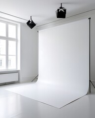 Professional photography studio interior with white seamless paper backdrop setup, natural light from large window, clean minimalist space perfect for portrait, product, or fashion shoot

