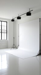 Professional photography studio interior with white seamless paper backdrop setup, natural light from large window, clean minimalist space perfect for portrait, product, or fashion shoot

