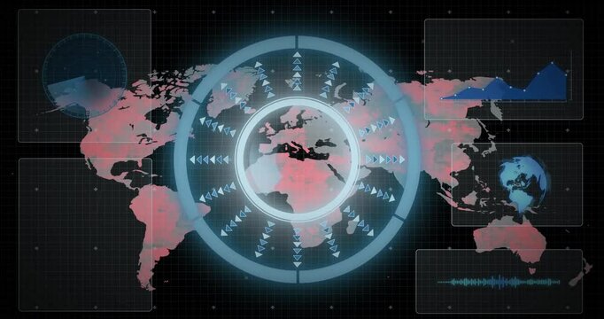 Upon map code executing globe rotating chart rising waveform pulsing and red tint expanding