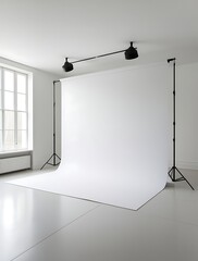 Professional photography studio interior with white seamless paper backdrop setup, natural light from large window, clean minimalist space perfect for portrait, product, or fashion shoot

