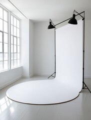 Professional photography studio interior with white seamless paper backdrop setup, natural light from large window, clean minimalist space perfect for portrait, product, or fashion shoot

