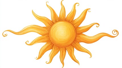 Naklejka premium A stylized sun with swirling, elongated rays, rendered in warm gold hues against a stark white background. The central orb is textured, suggesting depth and luminosity