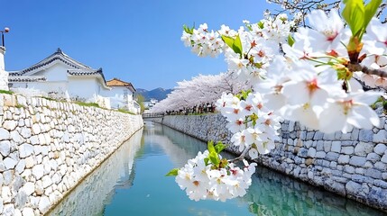 Obraz premium Serene Cherry Blossom Riverbank Surrounded by Breathtaking Nature and Scenic Beauty