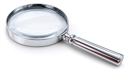 A metallic, circular magnifying glass with a cylindrical handle rests on a stark white background, its lens clear and reflective, casting a subtle shadow