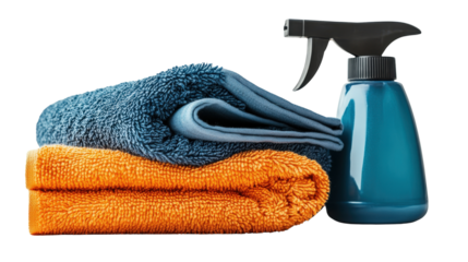 Cleaning towel folded with spray bottle Transparent background, PNG file