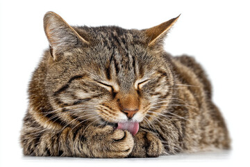 Fototapeta premium Domestic tabby cat grooming itself while resting on a clean, white surface, showcasing its fur texture
