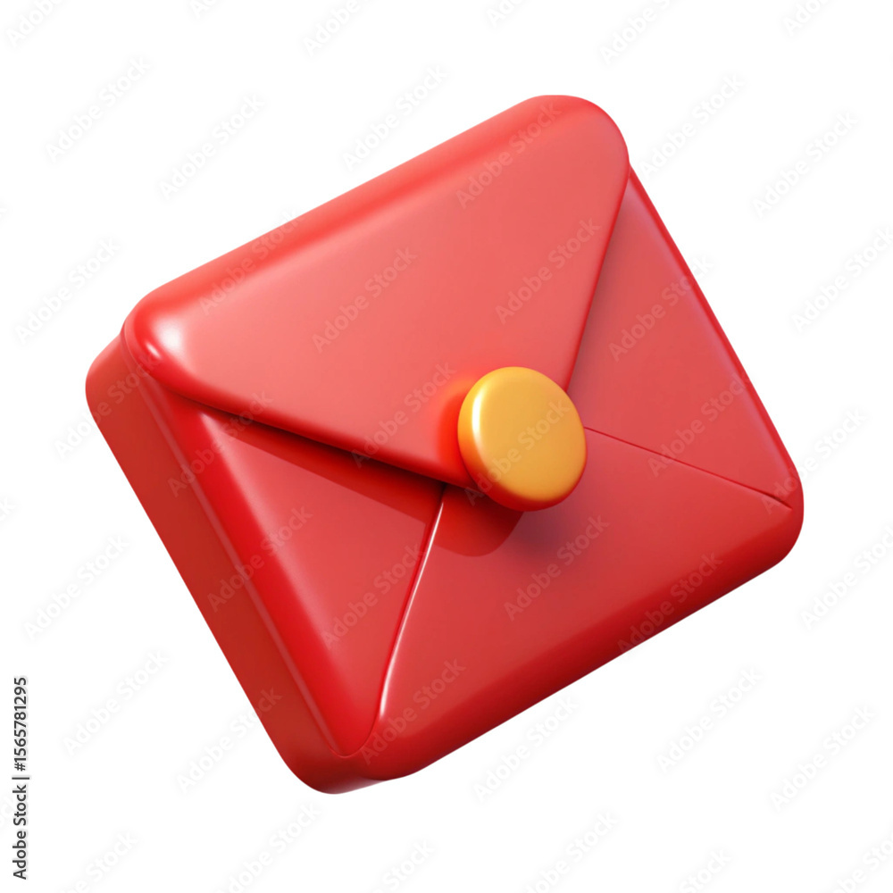 Poster red 3d envelope icon with golden button against black background for communication concepts