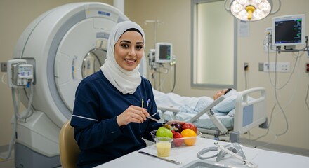 A healthcare professional takes a moment for a healthy fruit break during her busy workday in a modern medical facility.