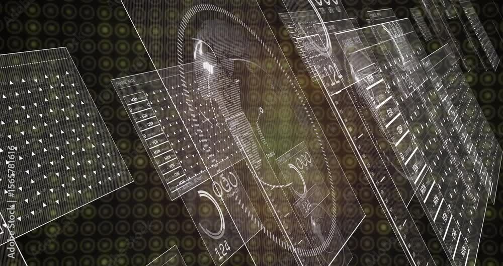 Poster data panels emerging and fading, gauge rotating and rising, slider moving updating currency trends
