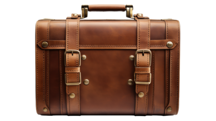 Classic leather suitcase with metal buckles, Transparent background, PNG file