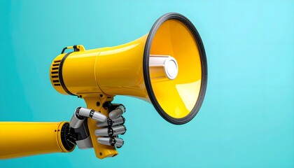 Yellow megaphone held by robotic arm, communication technology concept