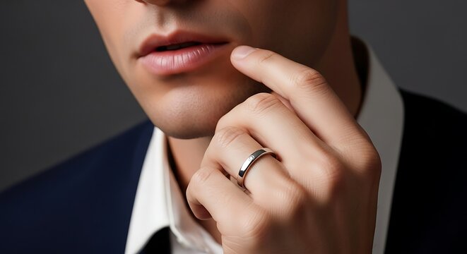 Elegant man wearing a platinum wedding band, touching his chin. Close-up on a sophisticated groom or husband. - Powered by Adobe