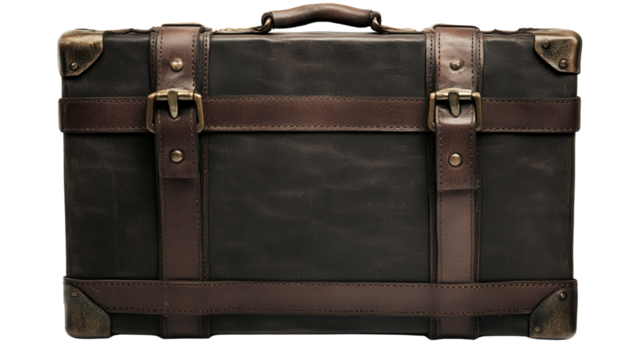Classic leather suitcase with metal buckles, Transparent background, PNG file