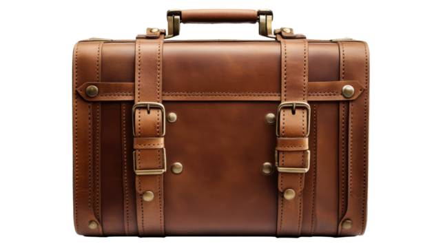 Classic leather suitcase with metal buckles, Transparent background, PNG file