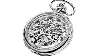 Classic pocket watch with skeleton dial, Transparent background, PNG file