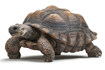 A close-up view of a tortoise walking on a white background, showcasing its textured shell and limbs
