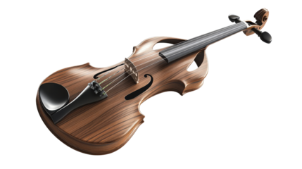 Classic wooden violin with bow, Transparent background, PNG file