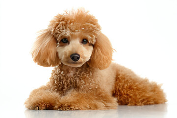 Adorable fluffy poodle lying gracefully on a shiny surface, with a bright white background