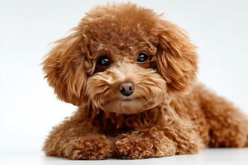 Adorable fluffy brown dog resting on a white surface, exuding charm and warmth in a minimalist setting