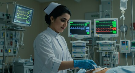 Focused nurse meticulously attends to a patient's wound in a dimly lit hospital room, showcasing dedication and precision in healthcare.