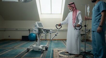 Recovering patient uses physiotherapy equipment in a modern hospital room, guided by a healthcare professional.