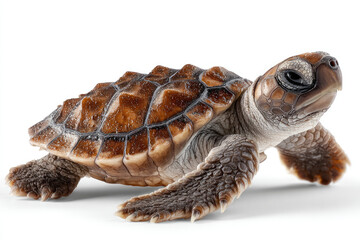 Realistic close-up of a turtle crawling on a smooth surface, showcasing its intricate shell patterns and texture