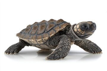 Close-up of a realistic turtle crawling on a reflective surface, showcasing its textured shell and limbs