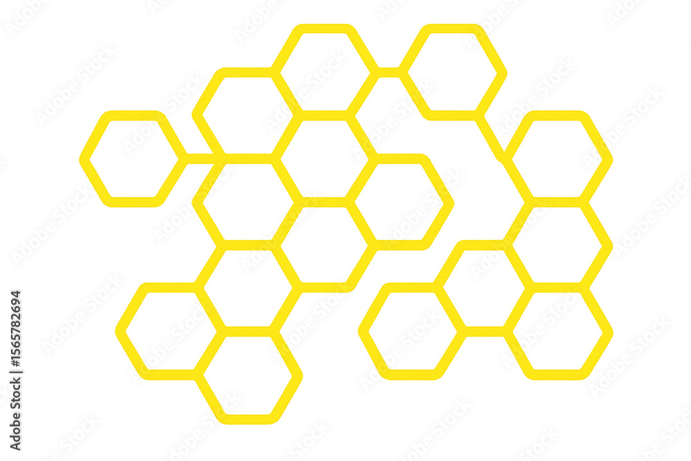 Poster interconnected yellow hexagonal cells forming honeycomb pattern, representing teamwork and geometric