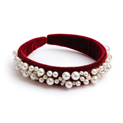 Elegant red velvet headband adorned with pearls, displayed on a clean white background