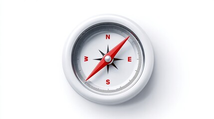 A close-up shot of a compass, its needle pointing towards the east. The white body contrasts a red needle
