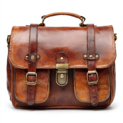 Vintage leather satchel bag displayed on a neutral background, showcasing its craftsmanship and style