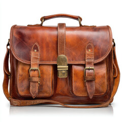 Vintage leather messenger bag with dual front pockets, showcased on a plain white background for product display