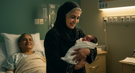 A grandmother beams with joy, cradling her newborn grandchild in a hospital room, while another family member rests peacefully nearby.