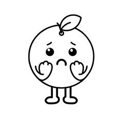 Orange fruit cartoon character sketch with sad expression, orange icon, orange logo, great as sticker or emot.