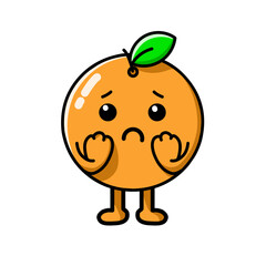 orange fruit cartoon character with sad expression, orange icon, orange logo, great as sticker or emot.