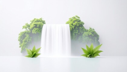 Abstract Waterfall Scene With Green Foliage and White Backdrop Displaying Nature's Serenity And Freshness