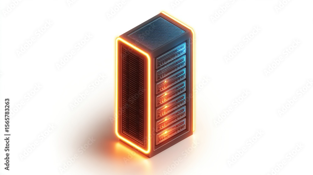Aufkleber server rack neon glow. futuristic digital render with white background for use in tech ads