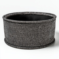 Dark textured fabric storage basket with a round shape, placed on a clean white surface, ideal for organizing