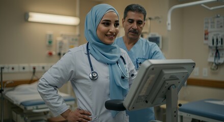 Two doctors, a man and a woman wearing a hijab, collaborate on a medical device in a hospital setting.
