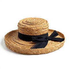 A stylish straw hat with a black ribbon, placed on a white background, perfect for summer fashion