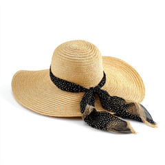 A stylish straw sun hat with a black polka dot scarf, perfect for summer outings at the beach