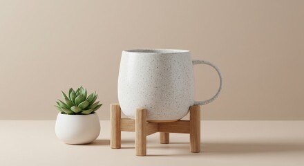 Minimalist Still Life: Speckled Mug on Wooden Stand with Succulent