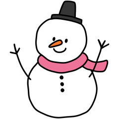 Hand drawn cartoon illustration of a snowman wearing a scarf and hat