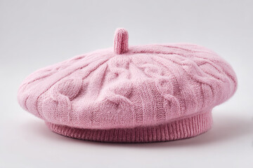 Soft pink knitted beret with intricate patterns, displayed on a neutral background for fashion use