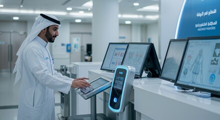 Modern healthcare professional interacts with advanced digital interface in a bright, clean facility.