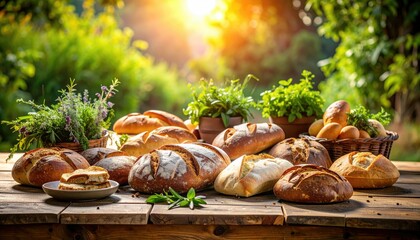 Assortment Of Rustic Breads And Fresh Herbs Displayed On A Wooden Table In Natural Daylight
