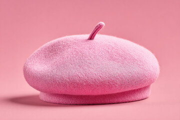 Pink beret hat on a soft pink background, showcasing its texture and color for fashion display