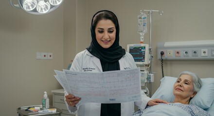 Compassionate doctor reviews medical charts while comforting a patient in a hospital room.