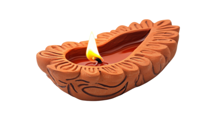 Diwali oil lamp diya with flame, clay design, Transparent background, PNG file