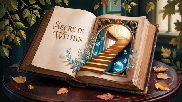 old book with inviting staircase for readers to explore secrets within, get lost in a story, love of reading